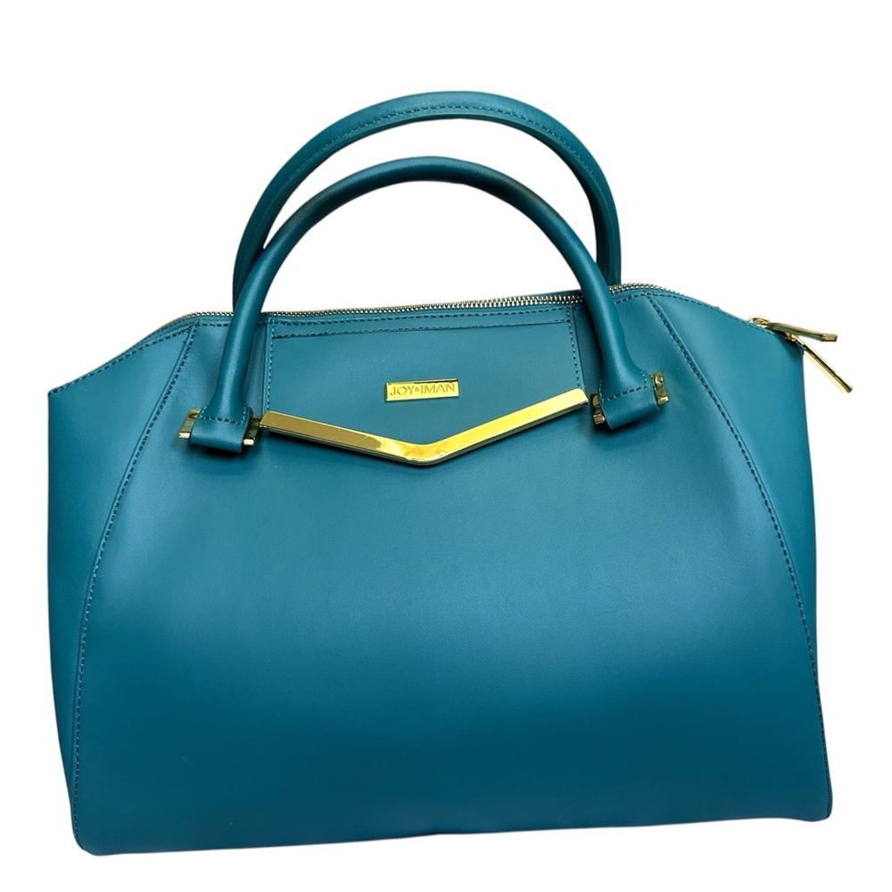 Joy & Iman 100% Leather Teal Satchel with Gold Details NWOT